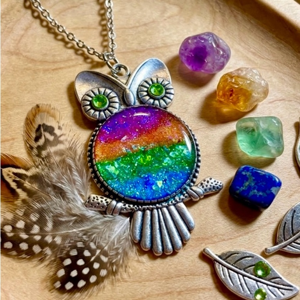 Rainbow Druzy Owl Pendant Necklace